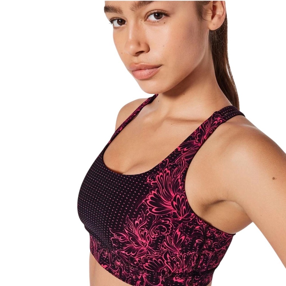 Lululemon Energy Bra Glossy‎ Black Pink Floral Paisley Strappy Sports Bra Size 8